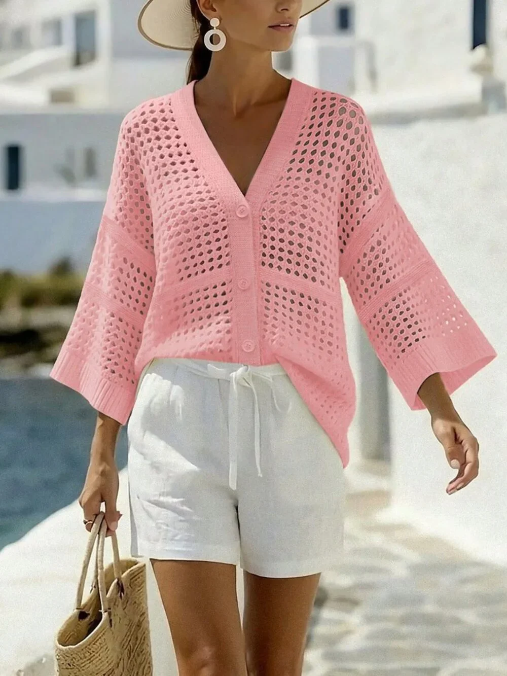 Pink Casual Women's V-Neck Sleeveless Hollow Mesh Loose Thin Cardigan